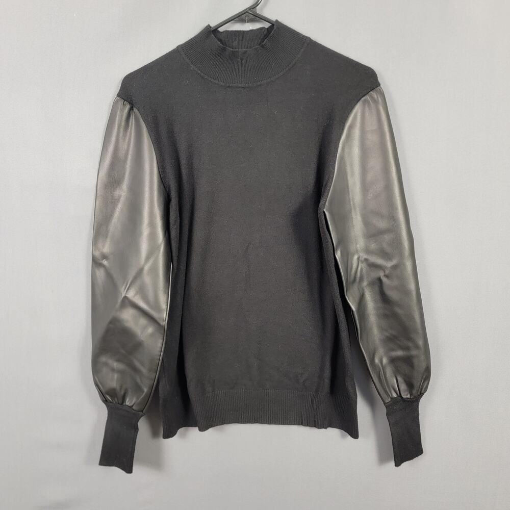 Black Mixed Media Mock Neck Sweater Faux Leather Sleeve Knit Top S